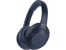Casque Sony bleu foncé avec des accents dorés. Fond blanc.