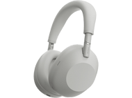 Casque Sony gris clair sur fond noir. Le casque est incliné vers la droite.