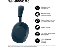 Charger l&#39;image dans la galerie, Casque Sony WH-1000XM6 bleu foncé, incliné. Caractéristiques et icônes à droite.
