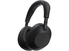 Casque Sony noir. Écouteurs et bandeau sur fond noir.