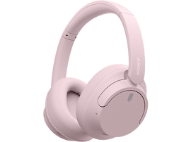 Casque Sony rose à réduction de bruit. Le logo de la marque est visible. Fond blanc.