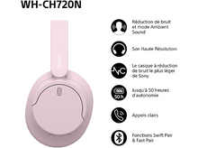 Charger l&#39;image dans la galerie, Casque rose Sony WH-CH720N avec icônes indiquant des fonctionnalités comme la réduction du bruit et l&#39;autonomie.
