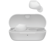 Charger l&#39;image dans la galerie, Écouteurs blancs dans un étui de chargement blanc. Un écouteur est hors de l&#39;étui. Fond noir.
