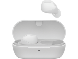 Écouteurs blancs dans un étui de chargement blanc. Un écouteur est hors de l