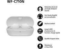 Charger l&#39;image dans la galerie, Une paire d&#39;écouteurs blancs dans un étui ouvert, avec une liste de fonctionnalités. Le texte comprend la réduction du bruit et une longue durée de vie de la batterie.
