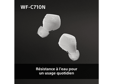 Charger l&#39;image dans la galerie, Deux écouteurs blancs avec des gouttelettes d&#39;eau sur fond sombre. Texte : Résistance à l&#39;eau.
