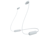 Écouteurs sans fil blancs avec tour de cou blanc, isolés sur fond blanc.