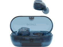 Charger l&#39;image dans la galerie, Écouteurs sans fil bleus translucides dans un étui de chargement. Fond noir.
