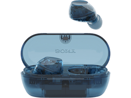 Écouteurs sans fil bleus translucides dans un étui de chargement. Fond noir.