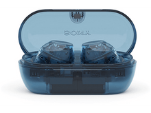 Charger l&#39;image dans la galerie, Étui bleu translucide contenant deux écouteurs noirs et transparents.
