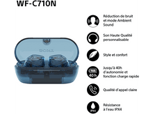 Charger l&#39;image dans la galerie, Écouteurs bleus dans un étui de chargement avec des icônes de fonctionnalités. Texte : WF-C710N.
