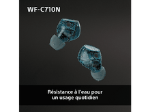 Charger l&#39;image dans la galerie, Deux écouteurs bleus avec des gouttelettes d&#39;eau, avec du texte sur la résistance à l&#39;eau.
