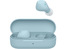 Écouteurs sans fil bleu clair dans un étui de chargement ; un écouteur est séparé.
