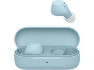 Écouteurs sans fil bleu clair dans un étui de chargement ; un écouteur est séparé.