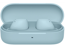 Charger l&#39;image dans la galerie, Une paire d&#39;écouteurs sans fil bleu clair dans un étui de chargement sur fond blanc.
