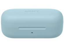 Charger l&#39;image dans la galerie, Un étui bleu clair pour écouteurs, rectangulaire avec un petit indicateur lumineux.
