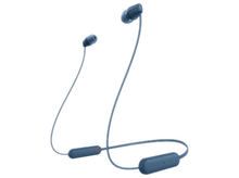 Charger l&#39;image dans la galerie, Écouteurs sans fil bleus avec un bouton rouge sur le câble. Fond blanc.
