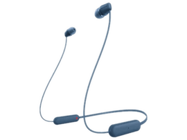 Écouteurs sans fil bleus avec un bouton rouge sur le câble. Fond blanc.