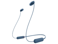 Écouteurs sans fil bleus avec un bouton rouge sur le câble. Fond blanc.