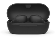 Charger l&#39;image dans la galerie, Écouteurs noirs dans étui noir, ouvert, sur surface blanche, vue de dessus.

