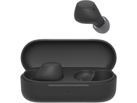 Écouteurs noirs dans un étui de chargement noir. Un autre écouteur au-dessus de l'étui.