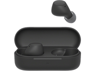 Écouteurs noirs dans un étui de chargement noir. Un autre écouteur au-dessus de l'étui.