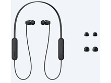 Charger l&#39;image dans la galerie, Écouteurs sans fil noirs avec un tour de cou. Embouts inclus. Les écouteurs et le tour de cou sont noirs.
