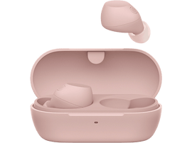 Écouteurs roses et étui de chargement. Un écouteur est détaché et plane au-dessus de l