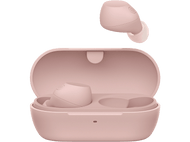 Écouteurs roses et étui de chargement. Un écouteur est détaché et plane au-dessus de l'étui.