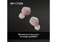 Charger l&#39;image dans la galerie, Deux écouteurs roses, avec des gouttes d&#39;eau et le texte &#39;WF-C710N&#39;.
