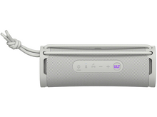 Charger l&#39;image dans la galerie, Enceinte Sony blanche avec boutons et poignée en corde blanche. Fond noir.
