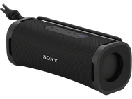 Enceinte portable noire avec logo Sony sur fond noir.