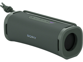 Haut-parleur cylindrique vert olive avec boutons et le logo Sony, placé sur une surface noire.