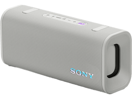 Un haut-parleur Sony blanc et gris sur fond noir, avec le logo Sony en bleu.