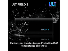 Charger l&#39;image dans la galerie, Haut-parleur noir avec du texte sur la durée de vie de la batterie et la charge.
