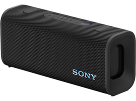 Un haut-parleur Sony noir sur fond noir. Il y a des boutons en haut et le logo Sony est visible sur le côté.