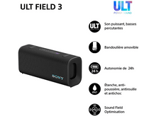 Charger l&#39;image dans la galerie, Enceinte noire Sony ULT Field 3. Caractéristiques : Son puissant, batterie 24h, étanche, anti-poussière et antichoc. Comprend une sangle amovible.
