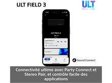 Charger l&#39;image dans la galerie, Un téléphone affiche l&#39;application &#39;ULT FIELD 3&#39;. L&#39;écran montre les contrôles musicaux, les réglages de l&#39;appareil et le logo &#39;Sound Connect&#39;.
