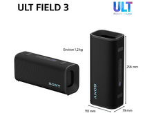 Charger l&#39;image dans la galerie, L&#39;image montre l&#39;enceinte noire Sony ULT FIELD 3. Les dimensions sont affichées. Le logo &#39;ULT POWER SOUND&#39; est en haut à droite.
