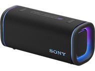 Une enceinte portable noire Sony avec des lumières colorées. Elle a un design cylindrique avec un logo.