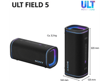 Charger l&#39;image dans la galerie, Haut-parleur noir avec des accents bleus et violets. Dimensions et logo Sony visibles.
