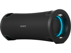 Haut-parleur Sony noir, forme cylindrique, avec détails de lumière bleue.