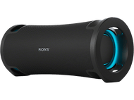 Haut-parleur Sony noir, forme cylindrique, avec détails de lumière bleue.