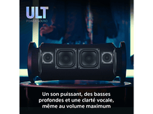 Charger l&#39;image dans la galerie, Un haut-parleur noir avec plusieurs haut-parleurs. Texte : Un son puissant, des basses profondes et de la clarté.
