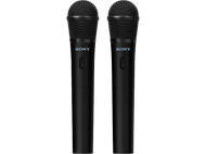 Deux microphones Sony noirs sur fond noir. Ils sont sans fil et ont des boutons d'alimentation.