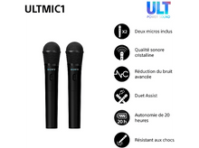 Charger l&#39;image dans la galerie, Deux micros Sony noirs avec icônes de fonctionnalités : micros doubles, son clair, réduction du bruit, assistant duo, batterie 20h, résistance aux chocs.
