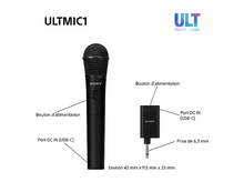 Charger l&#39;image dans la galerie, Microphone noir Sony ULTMIC1 et un petit récepteur noir. Le texte décrit les pièces.
