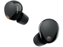 Charger l&#39;image dans la galerie, Deux écouteurs Sony noirs avec des accents dorés, positionnés sur un fond blanc.
