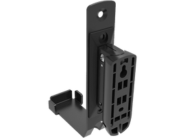 Support de barre de son noir en forme de L monté sur fond noir. Possède des trous pour vis.