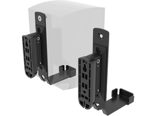 Charger l&#39;image dans la galerie, Supports de montage noirs pour un haut-parleur, sur fond blanc avec un haut-parleur flou.
